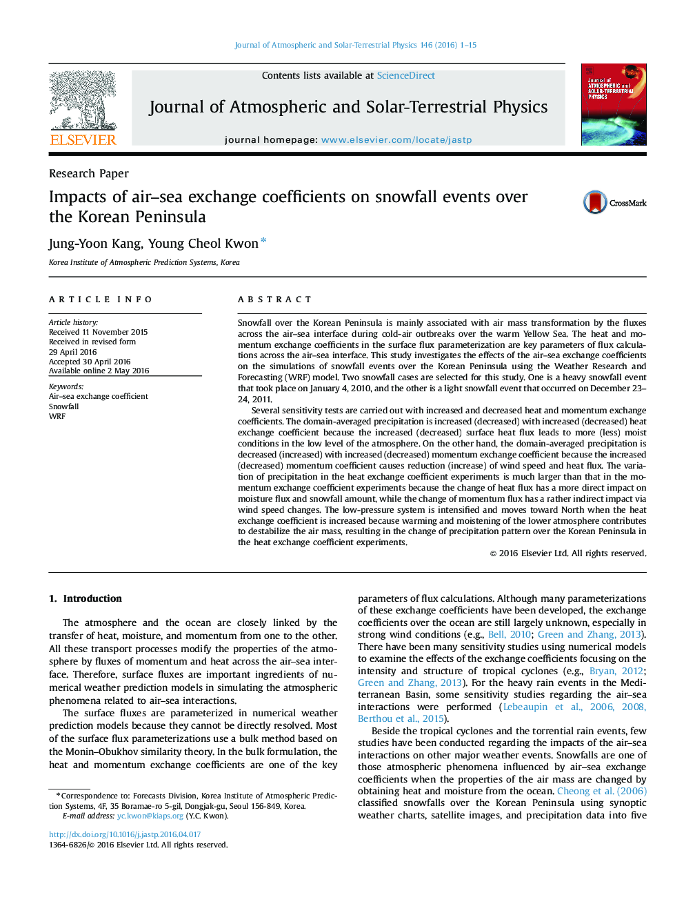 Impacts of air-sea exchange coefficients on snowfall events over the Korean Peninsula