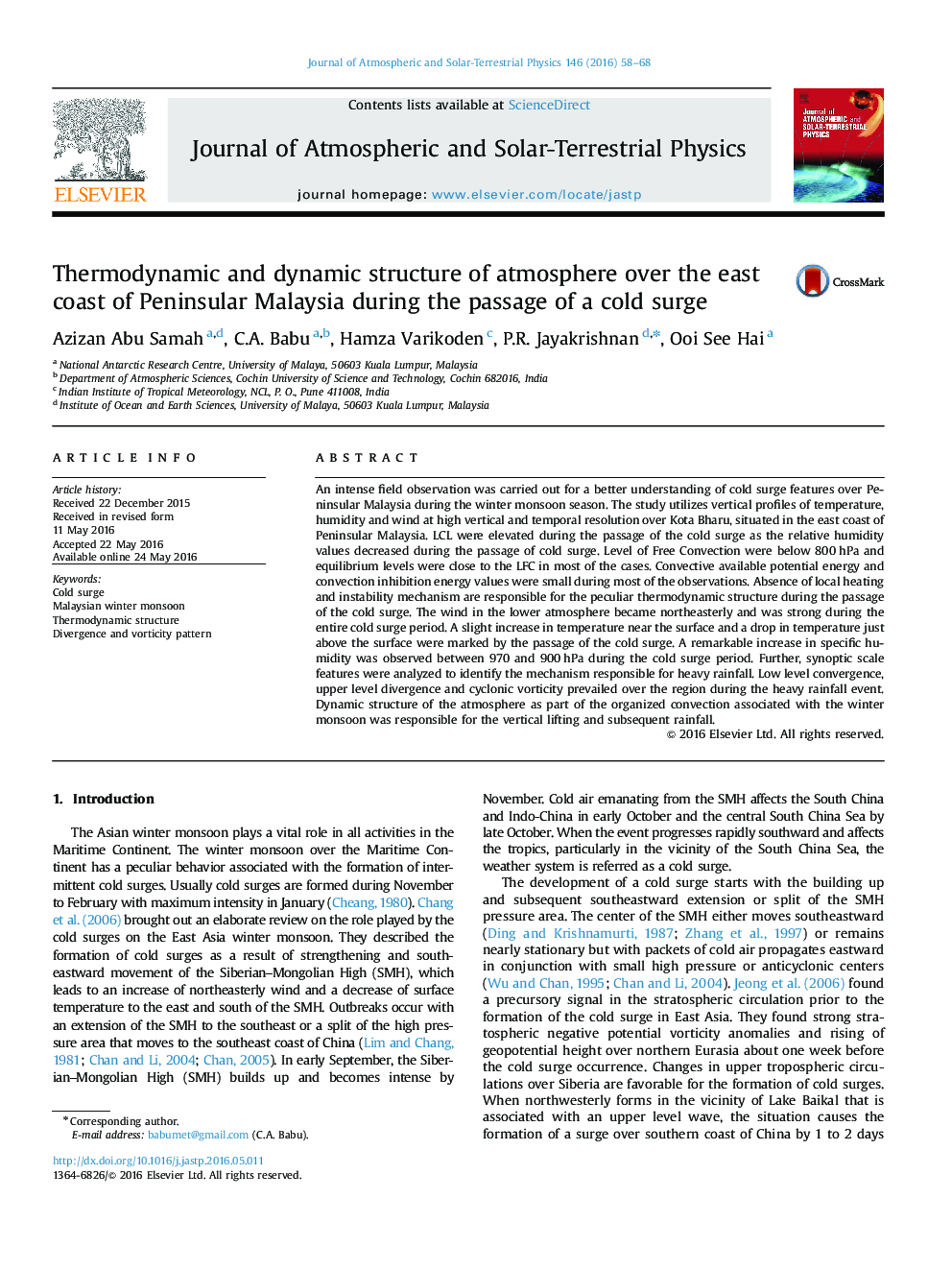 Thermodynamic and dynamic structure of atmosphere over the east coast of Peninsular Malaysia during the passage of a cold surge