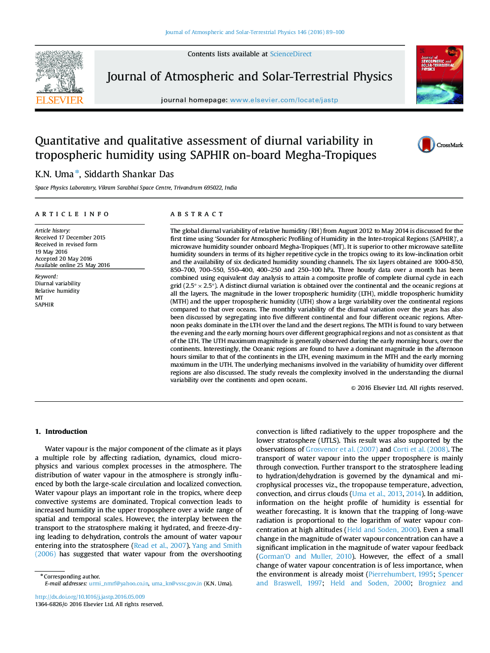 Quantitative and qualitative assessment of diurnal variability in tropospheric humidity using SAPHIR on-board Megha-Tropiques