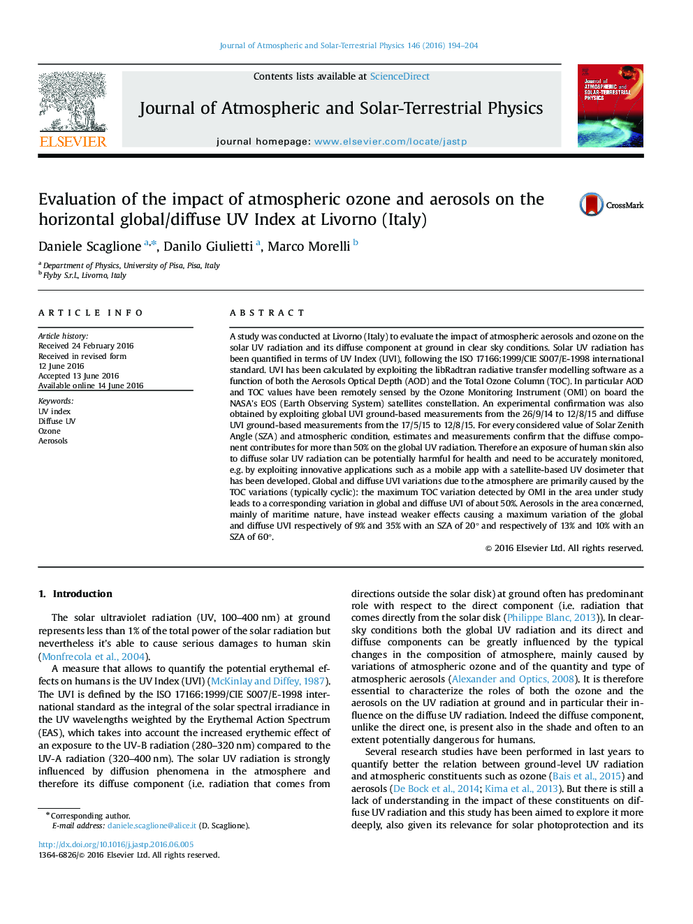 Evaluation of the impact of atmospheric ozone and aerosols on the horizontal global/diffuse UV Index at Livorno (Italy)