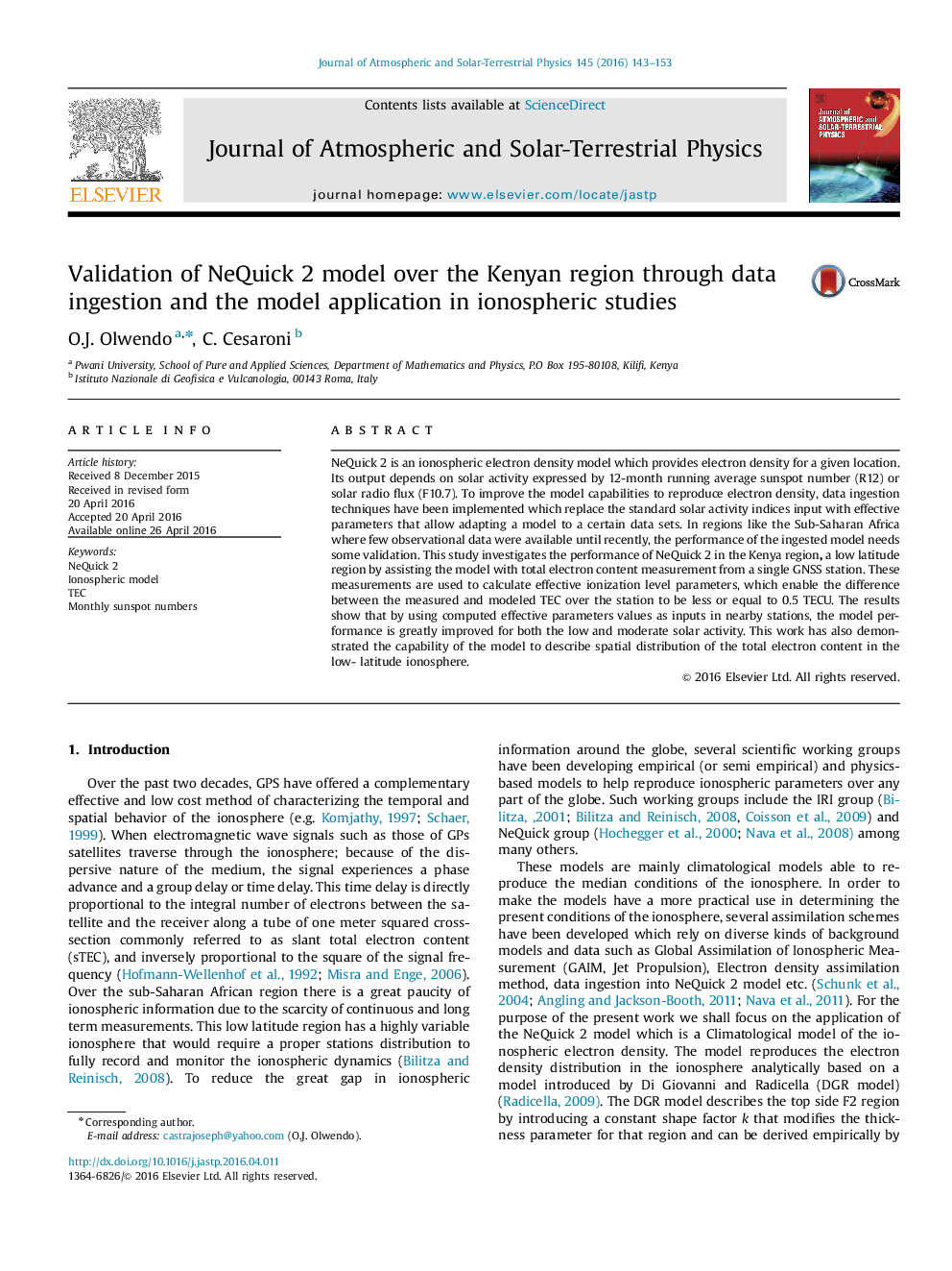 Validation of NeQuick 2 model over the Kenyan region through data ingestion and the model application in ionospheric studies