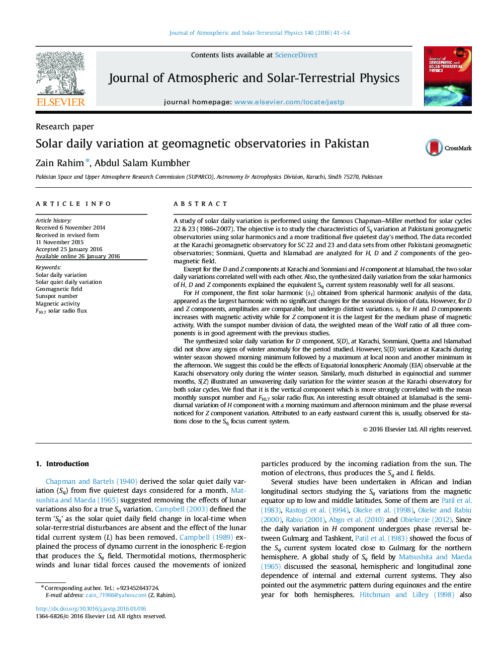 Solar daily variation at geomagnetic observatories in Pakistan