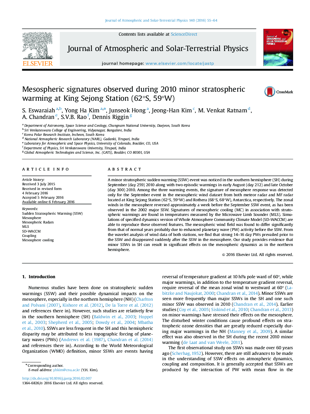 Mesospheric signatures observed during 2010 minor stratospheric warming at King Sejong Station (62Â°S, 59Â°W)