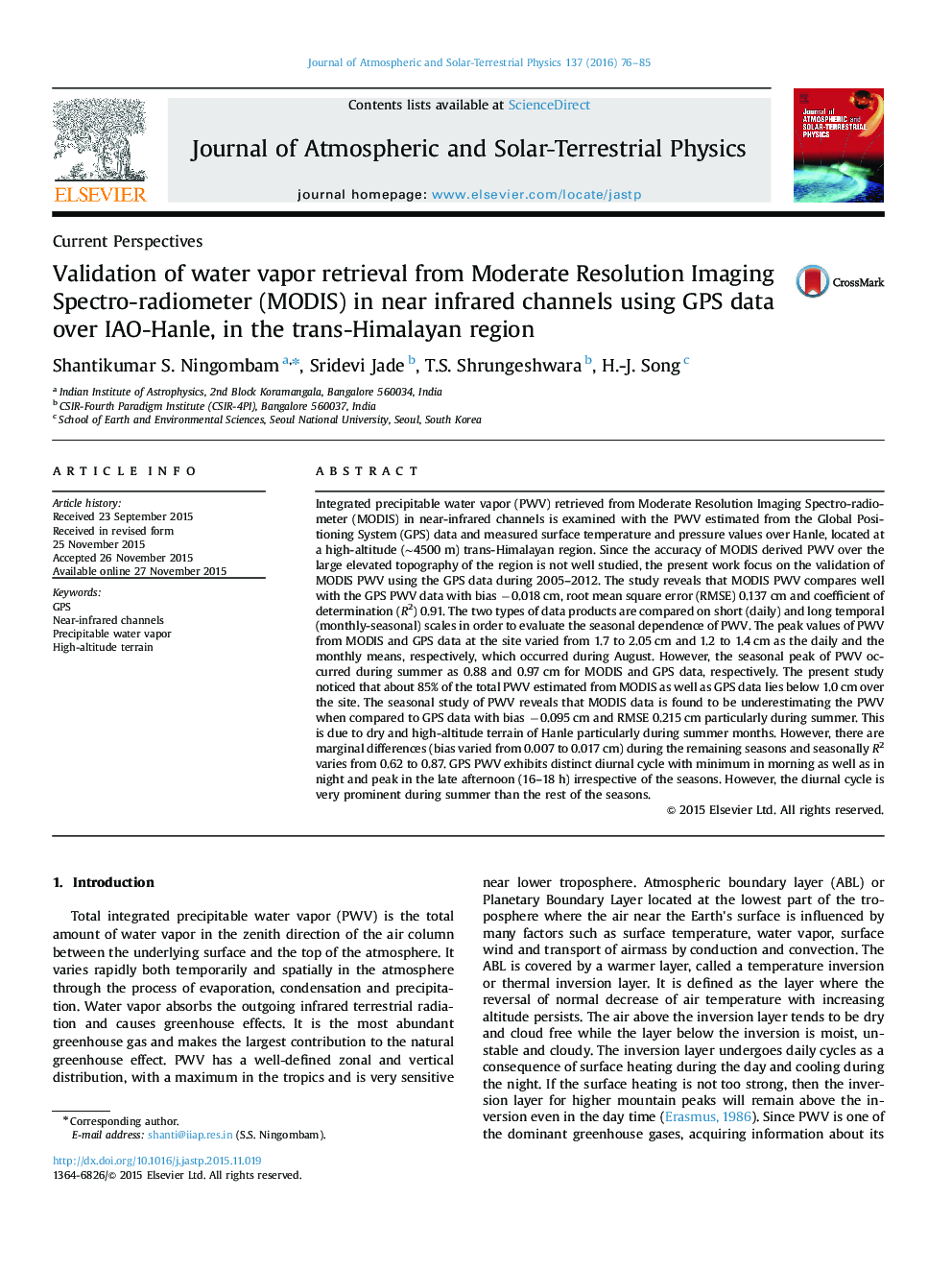 Validation of water vapor retrieval from Moderate Resolution Imaging Spectro-radiometer (MODIS) in near infrared channels using GPS data over IAO-Hanle, in the trans-Himalayan region