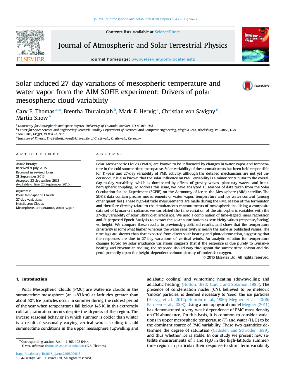 Solar-induced 27-day variations of mesospheric temperature and water vapor from the AIM SOFIE experiment: Drivers of polar mesospheric cloud variability