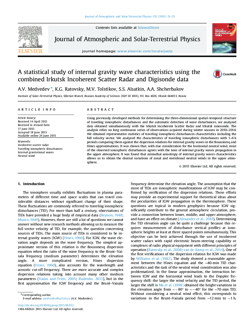 A statistical study of internal gravity wave characteristics using the combined Irkutsk Incoherent Scatter Radar and Digisonde data