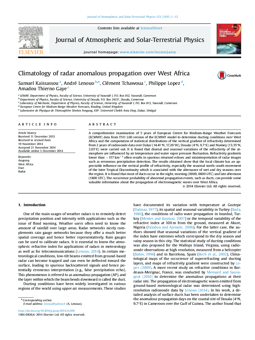 Climatology of radar anomalous propagation over West Africa