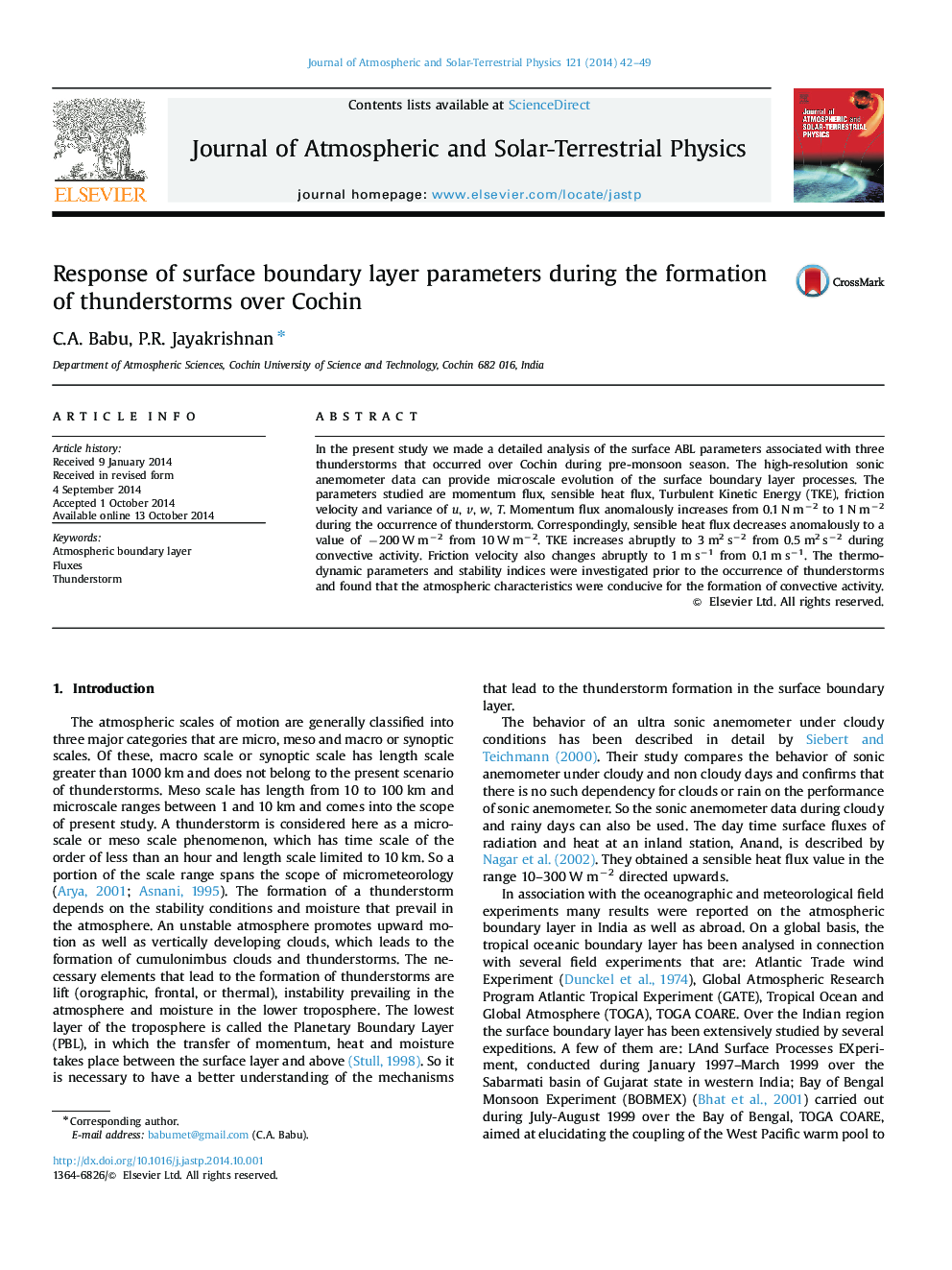 Response of surface boundary layer parameters during the formation of thunderstorms over Cochin