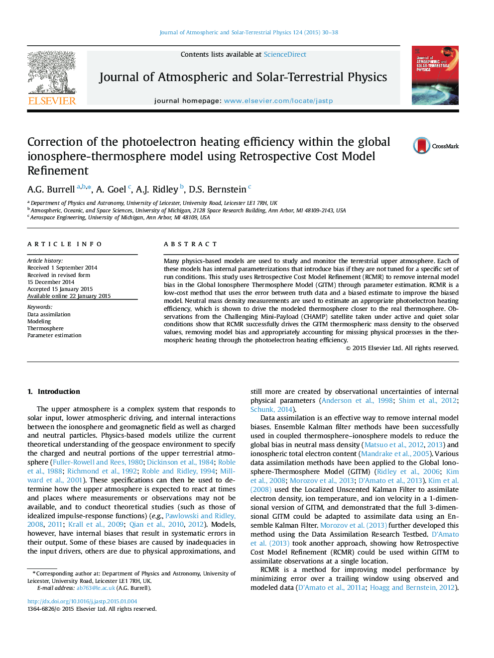 Correction of the photoelectron heating efficiency within the global ionosphereâthermosphere model using Retrospective Cost Model Refinement