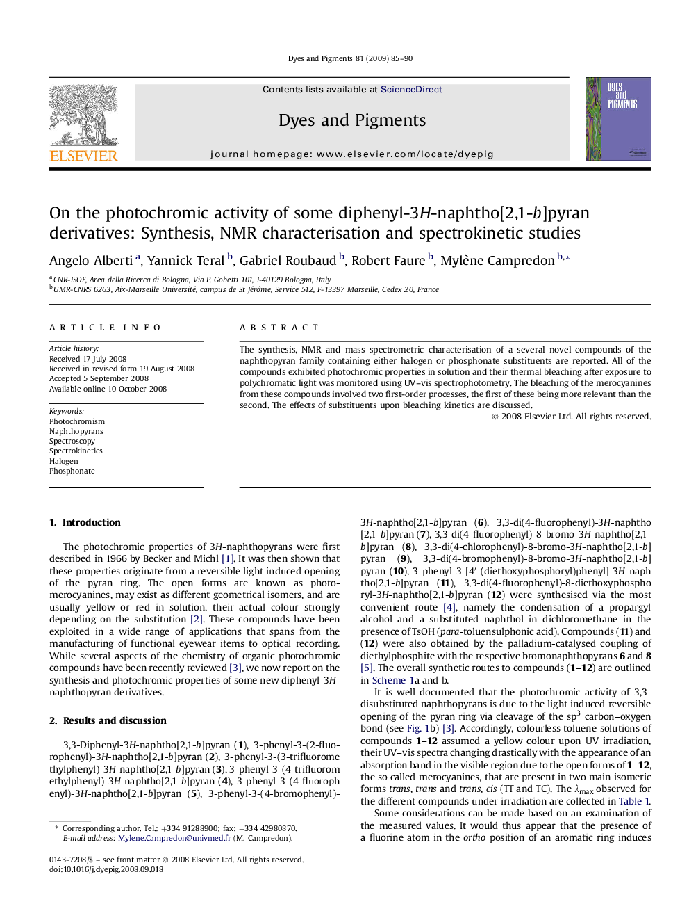 On the photochromic activity of some diphenyl-3H-naphtho[2,1-b]pyran derivatives: Synthesis, NMR characterisation and spectrokinetic studies