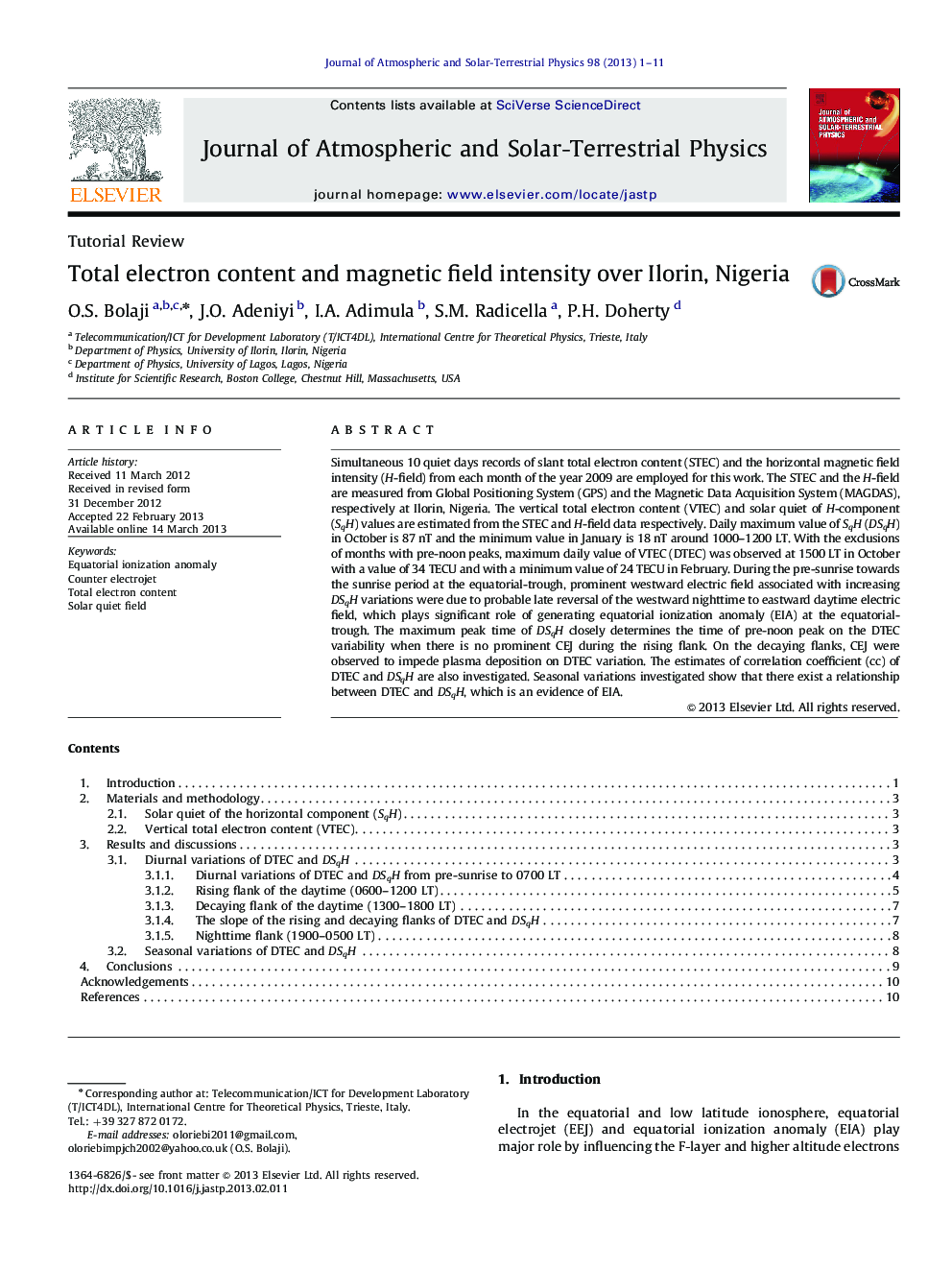 Total electron content and magnetic field intensity over Ilorin, Nigeria
