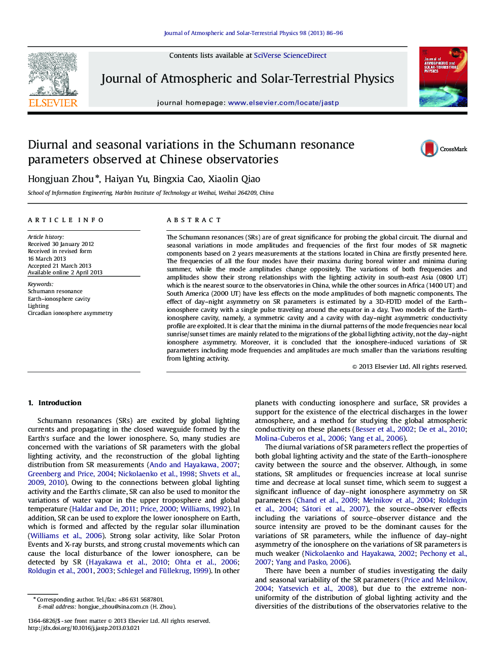 Diurnal and seasonal variations in the Schumann resonance parameters observed at Chinese observatories