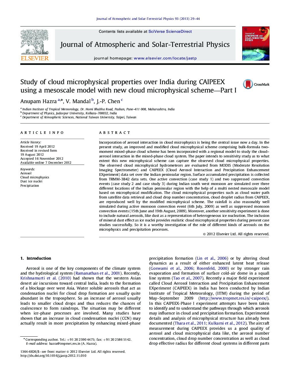 Study of cloud microphysical properties over India during CAIPEEX using a mesoscale model with new cloud microphysical scheme-Part I