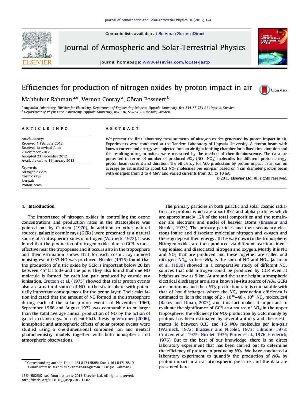 Efficiencies for production of nitrogen oxides by proton impact in air