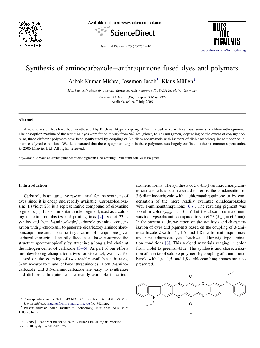 Synthesis of aminocarbazole–anthraquinone fused dyes and polymers