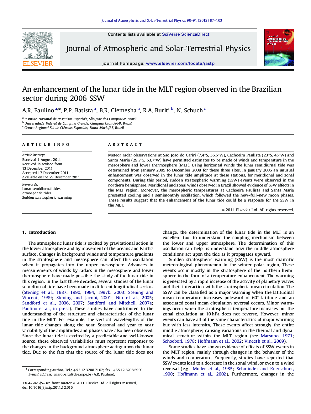 An enhancement of the lunar tide in the MLT region observed in the Brazilian sector during 2006 SSW