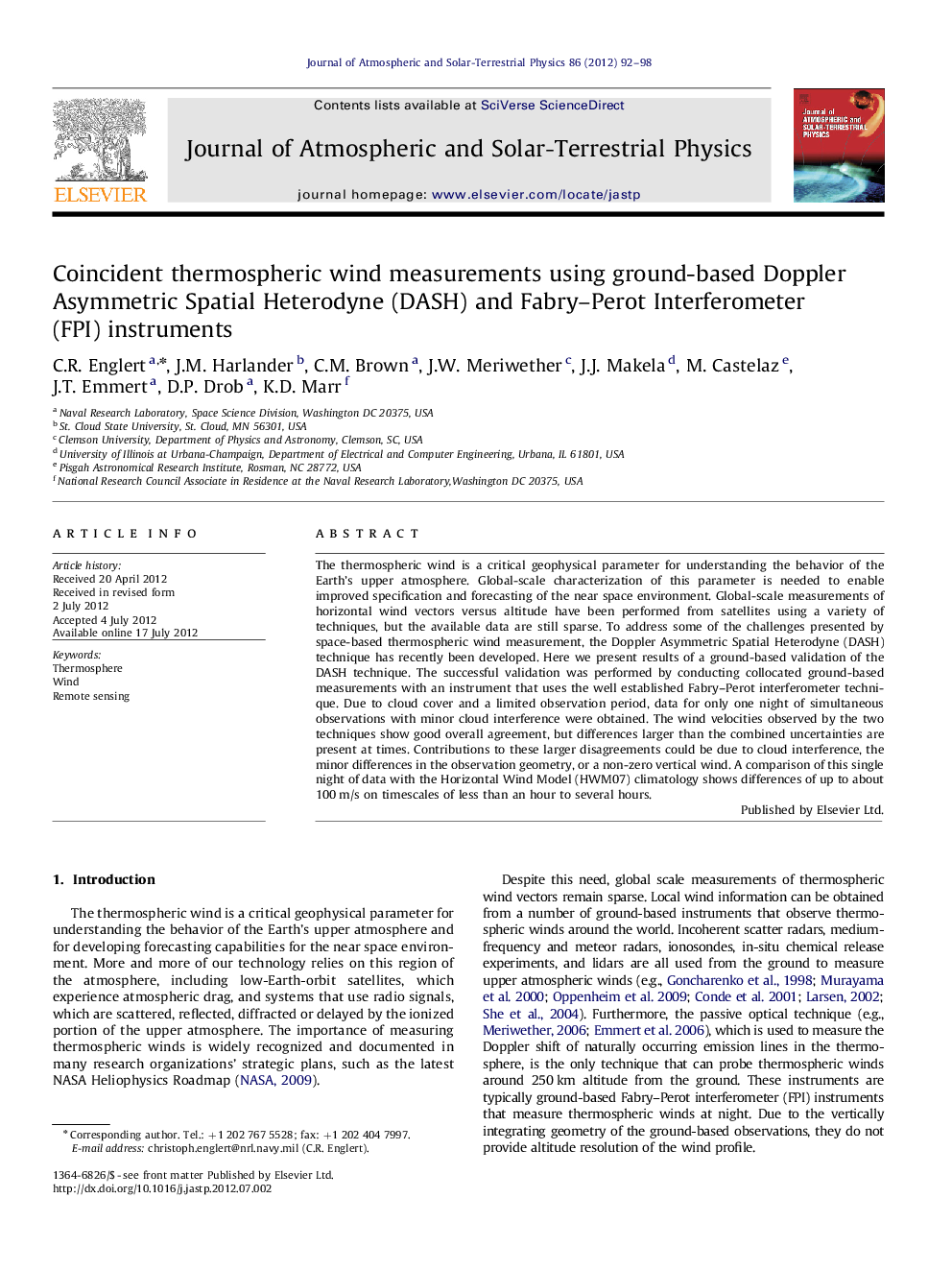 Coincident thermospheric wind measurements using ground-based Doppler Asymmetric Spatial Heterodyne (DASH) and Fabry–Perot Interferometer (FPI) instruments