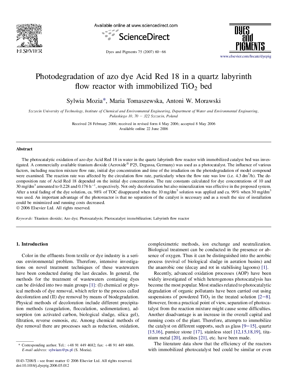 Photodegradation of azo dye Acid Red 18 in a quartz labyrinth flow reactor with immobilized TiO2 bed