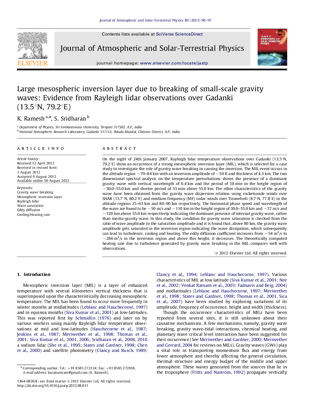 Large mesospheric inversion layer due to breaking of small-scale gravity waves: Evidence from Rayleigh lidar observations over Gadanki (13.5Â°N, 79.2Â°E)