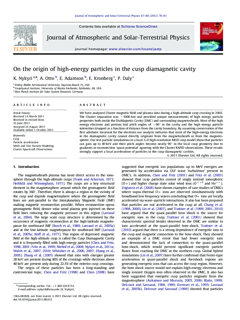 On the origin of high-energy particles in the cusp diamagnetic cavity