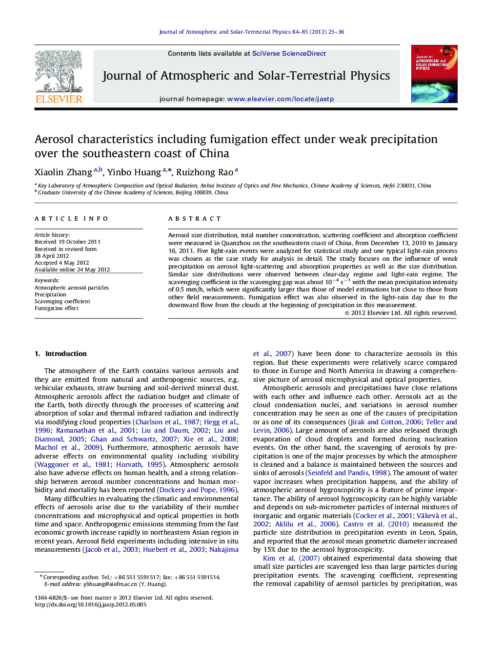 Aerosol characteristics including fumigation effect under weak precipitation over the southeastern coast of China