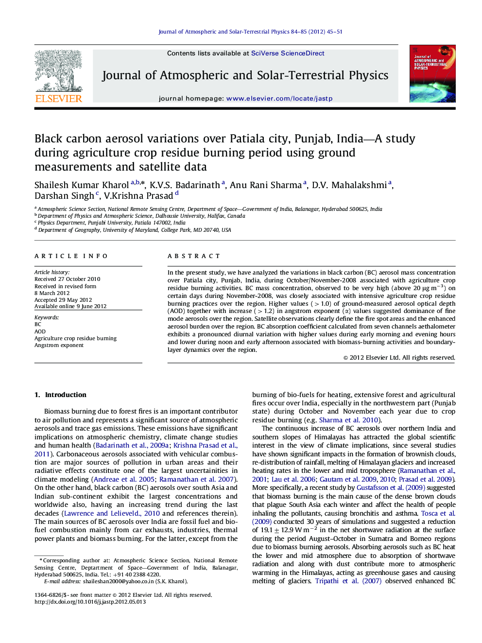 Black carbon aerosol variations over Patiala city, Punjab, India—A study during agriculture crop residue burning period using ground measurements and satellite data