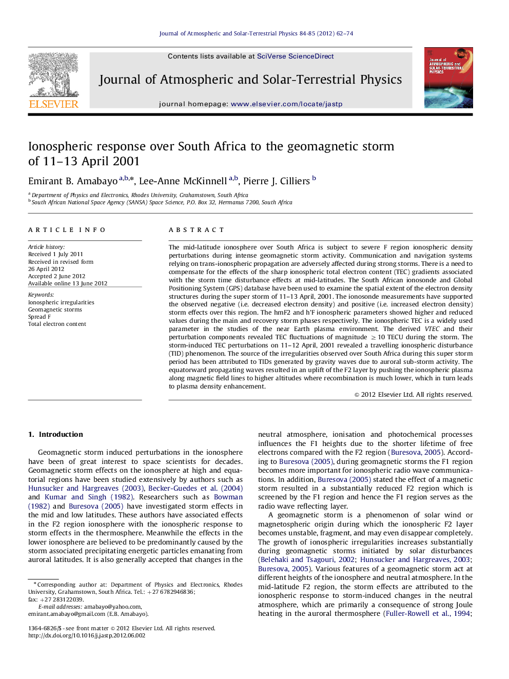 Ionospheric response over South Africa to the geomagnetic storm of 11-13 April 2001