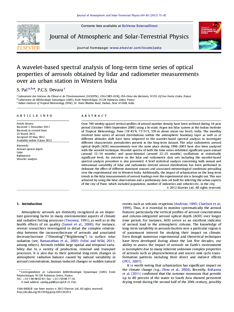 A wavelet-based spectral analysis of long-term time series of optical properties of aerosols obtained by lidar and radiometer measurements over an urban station in Western India