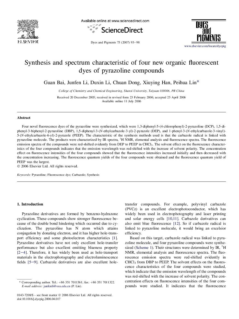 Synthesis and spectrum characteristic of four new organic fluorescent dyes of pyrazoline compounds