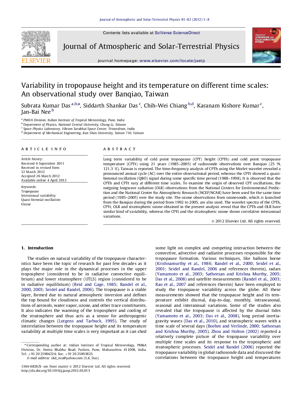 Variability in tropopause height and its temperature on different time scales: An observational study over Banqiao, Taiwan