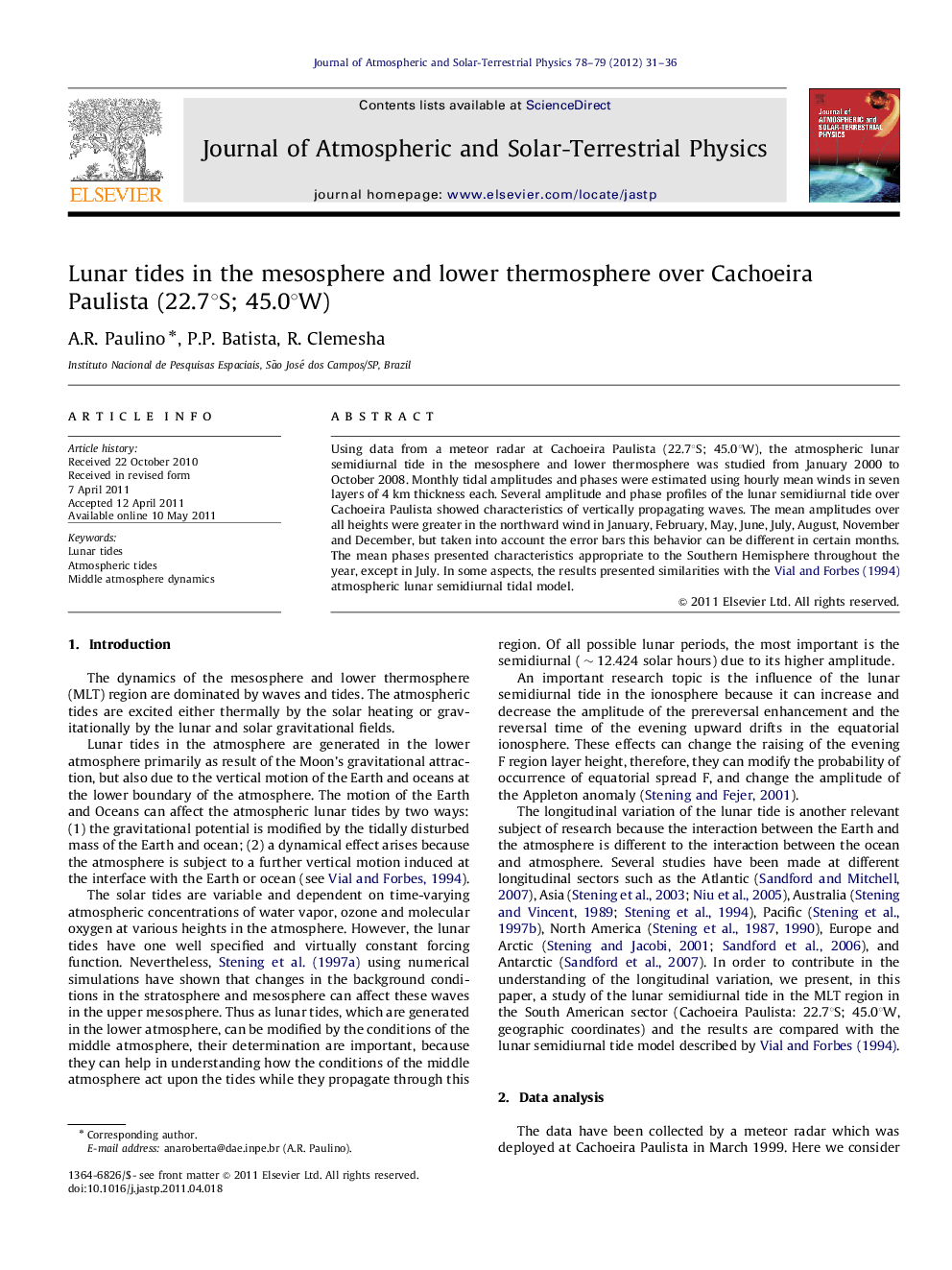 Lunar tides in the mesosphere and lower thermosphere over Cachoeira Paulista (22.7Â°S; 45.0Â°W)