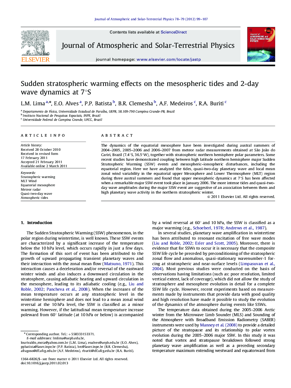 Sudden stratospheric warming effects on the mesospheric tides and 2-day wave dynamics at 7°S