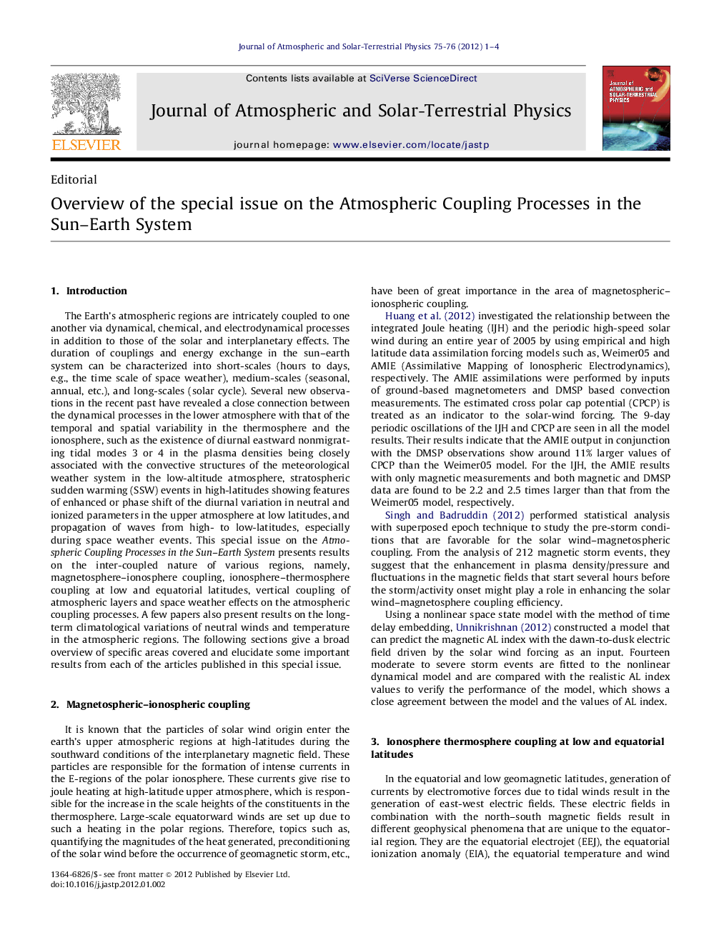 Overview of the special issue on the Atmospheric Coupling Processes in the Sun-Earth System