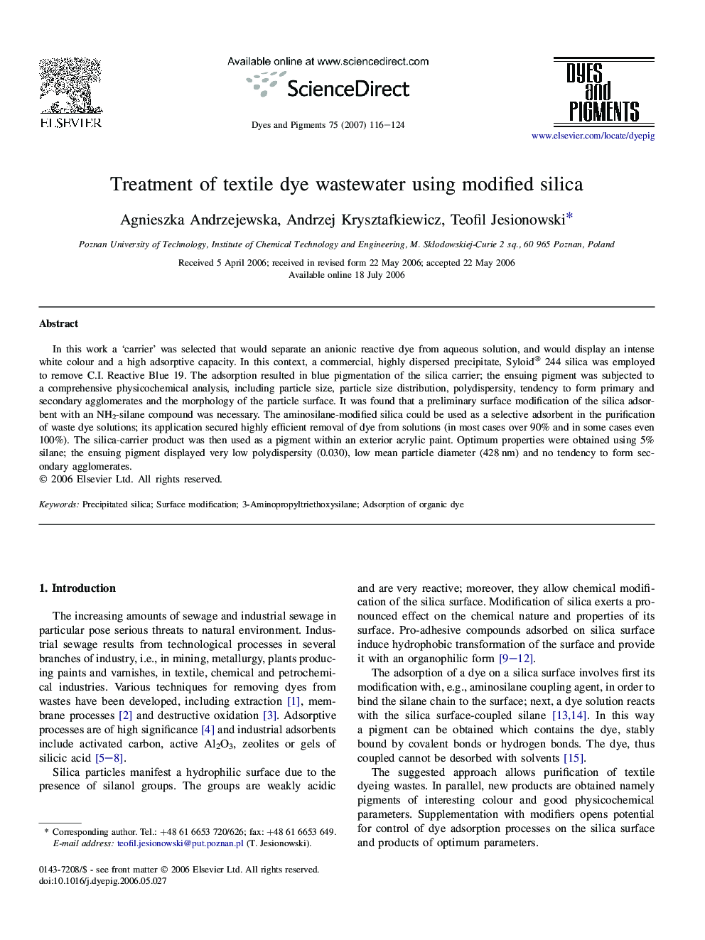 Treatment of textile dye wastewater using modified silica