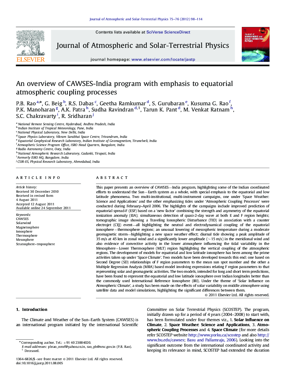 An overview of CAWSES-India program with emphasis to equatorial atmospheric coupling processes