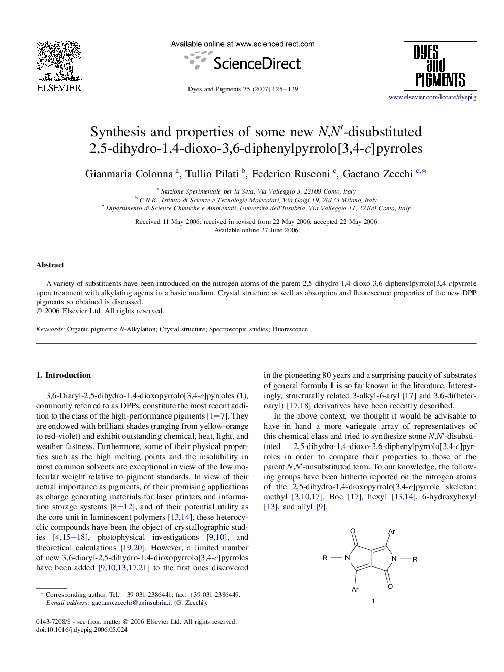 Synthesis and properties of some new N,N′-disubstituted 2,5-dihydro-1,4-dioxo-3,6-diphenylpyrrolo[3,4-c]pyrroles