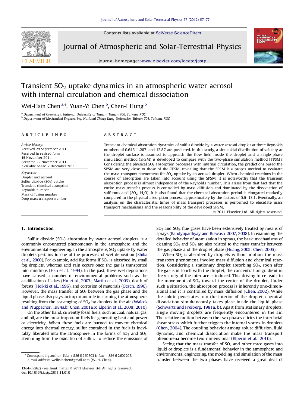 Transient SO2 uptake dynamics in an atmospheric water aerosol with internal circulation and chemical dissociation