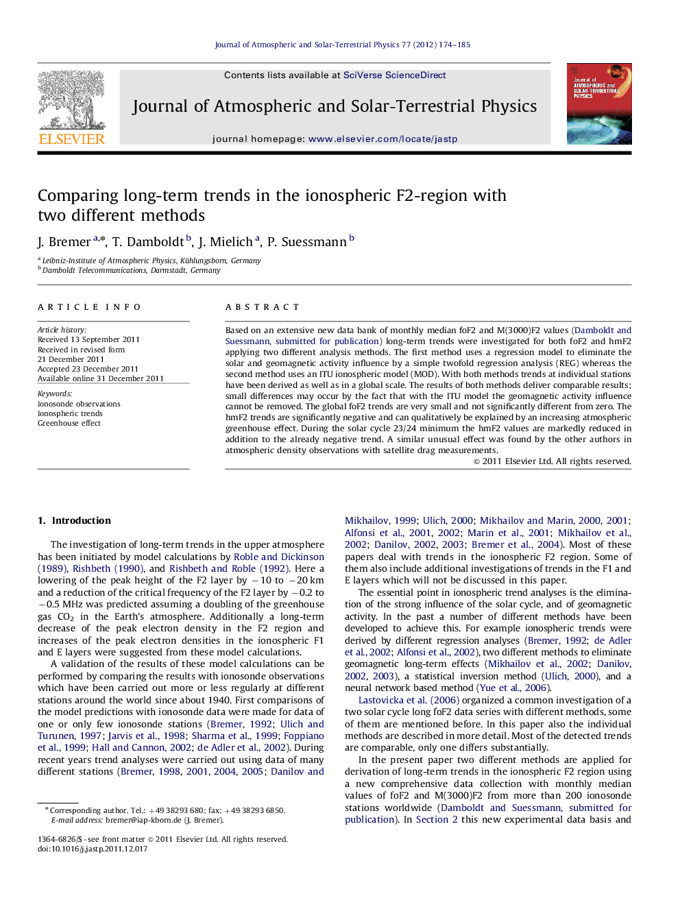 عکس صفحه اول مقاله: Comparing long-term trends in the ionospheric F2-region with two different methods Comparing long-term trends in the ionospheric F2-region with two different methods