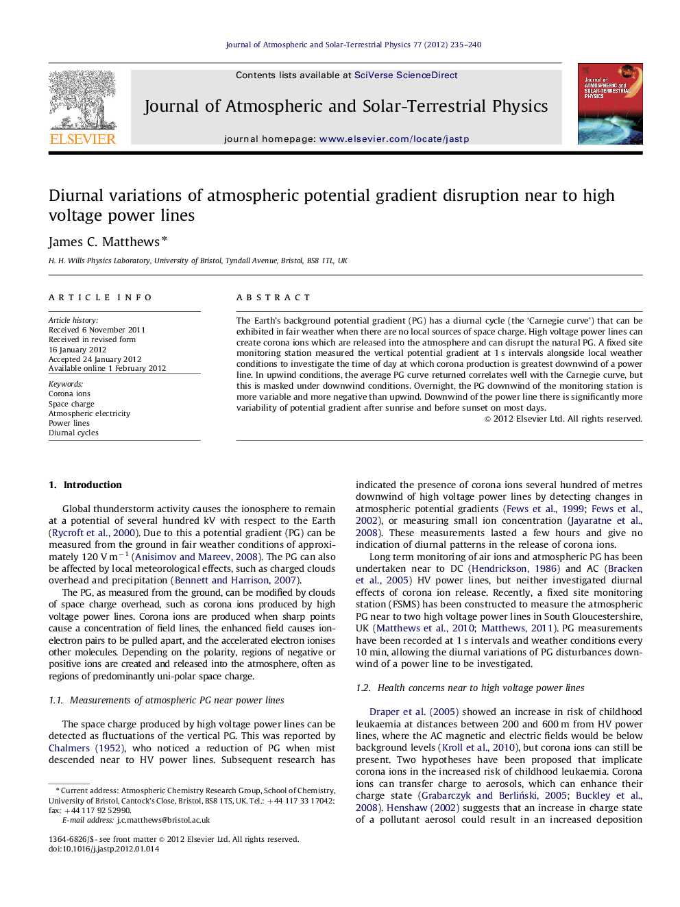 Diurnal variations of atmospheric potential gradient disruption near to high voltage power lines