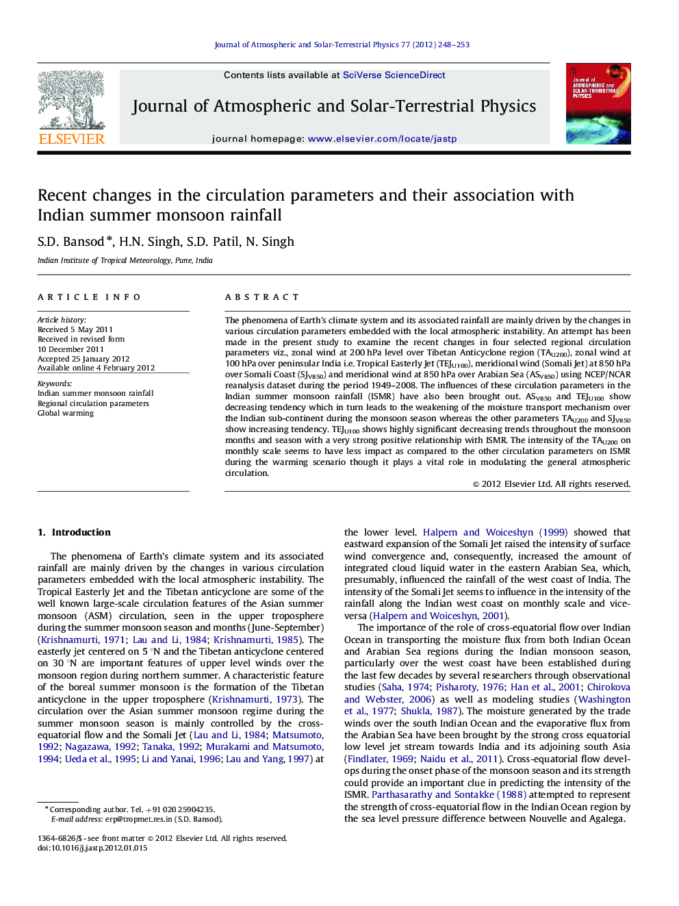 عکس صفحه اول مقاله: Recent changes in the circulation parameters and their association with Indian summer monsoon rainfall Recent changes in the circulation parameters and their association with Indian summer monsoon rainfall