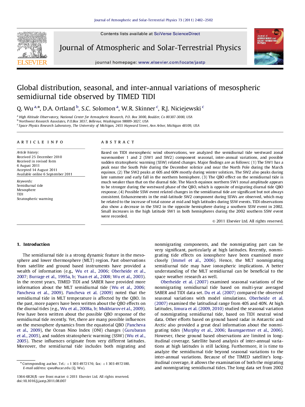 Global distribution, seasonal, and inter-annual variations of mesospheric semidiurnal tide observed by TIMED TIDI