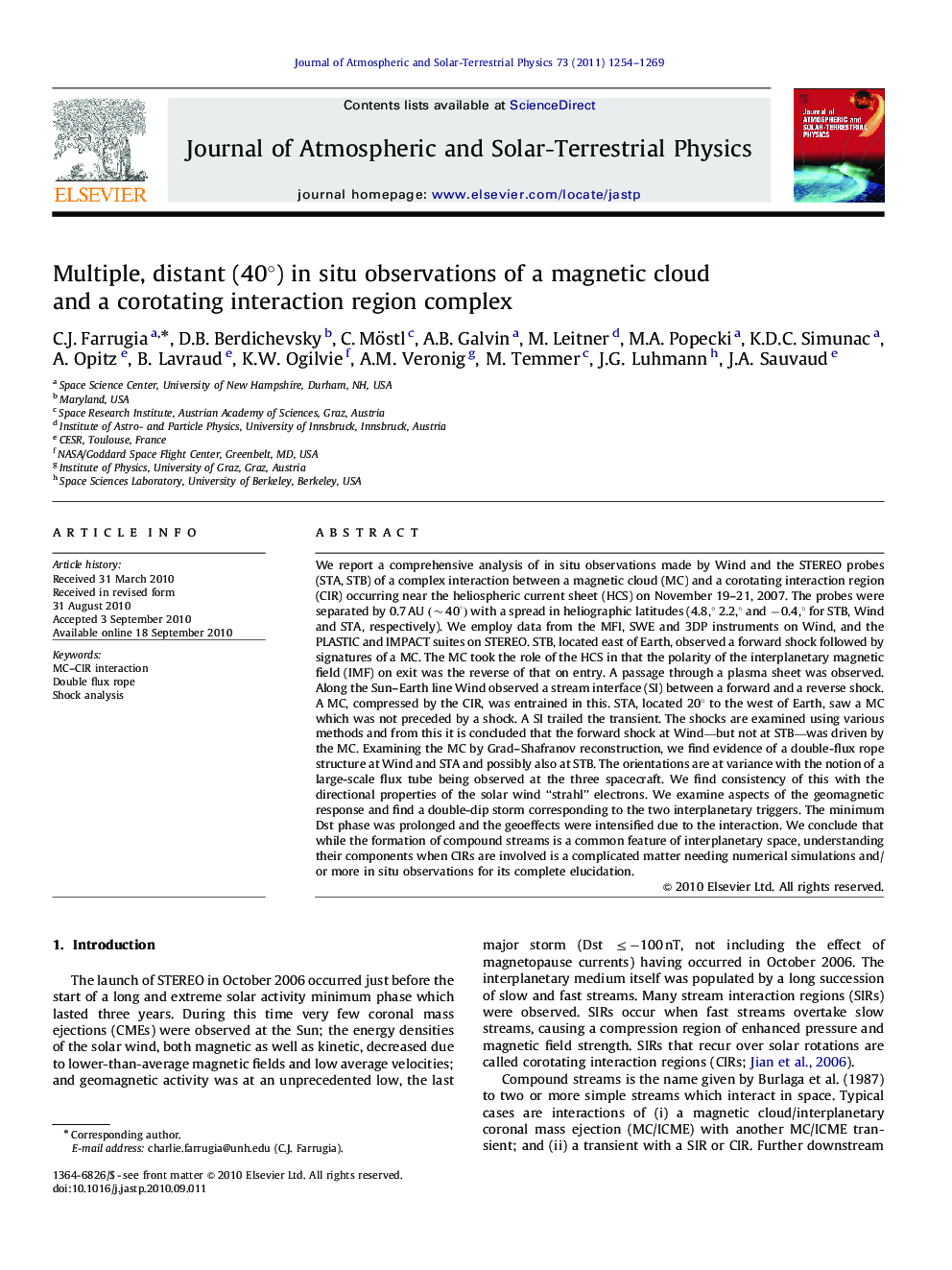 Multiple, distant (40Â°) in situ observations of a magnetic cloud and a corotating interaction region complex