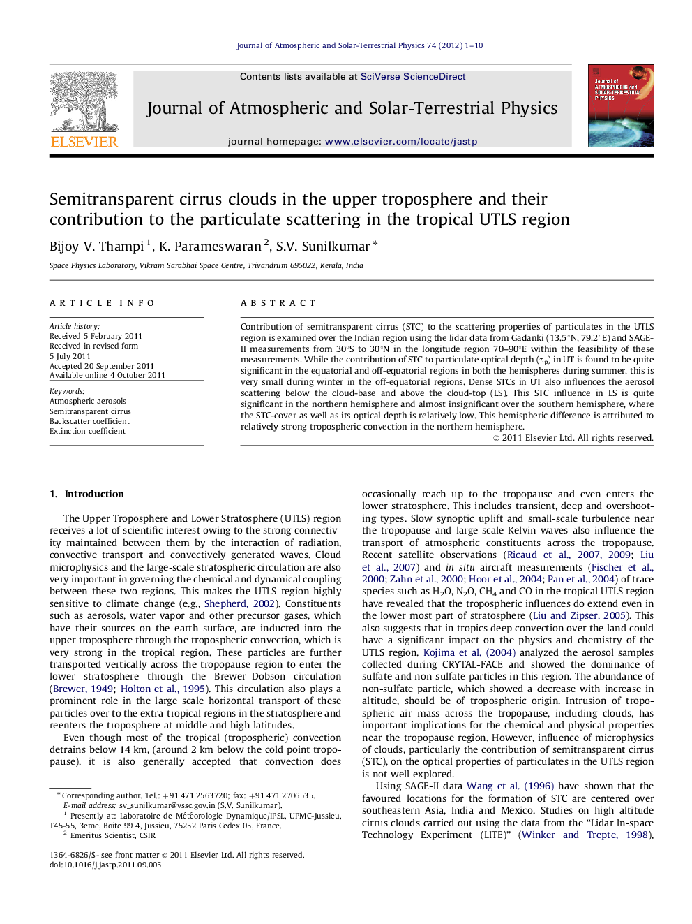 Semitransparent cirrus clouds in the upper troposphere and their contribution to the particulate scattering in the tropical UTLS region