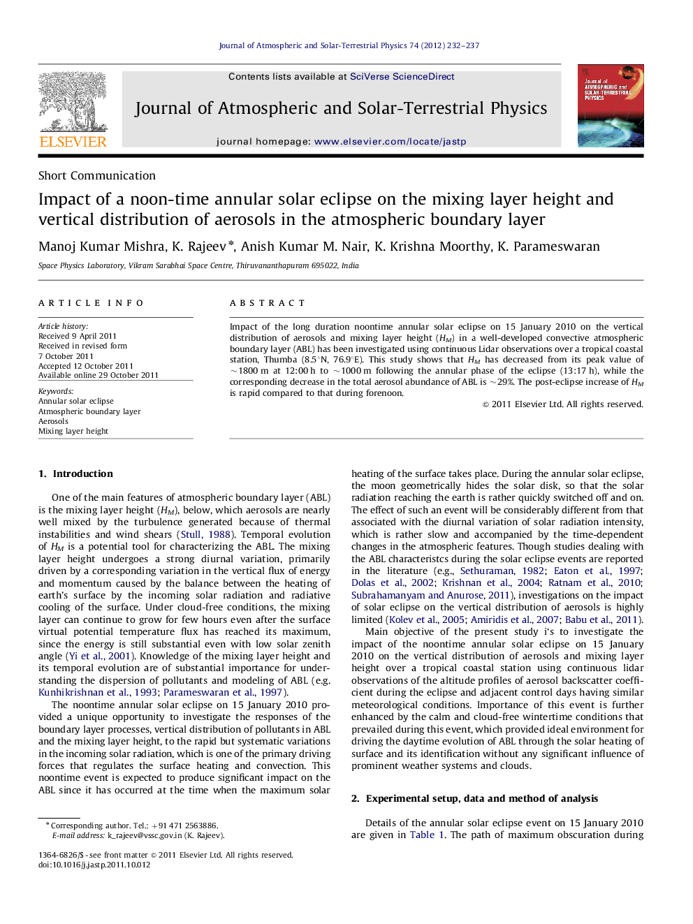 Impact of a noon-time annular solar eclipse on the mixing layer height and vertical distribution of aerosols in the atmospheric boundary layer