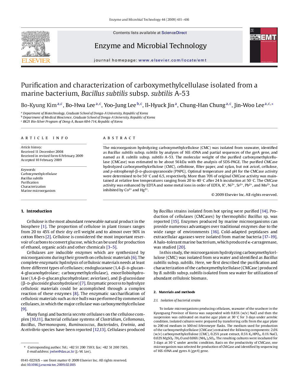 Purification and characterization of carboxymethylcellulase isolated from a marine bacterium, Bacillus subtilis subsp. subtilis A-53