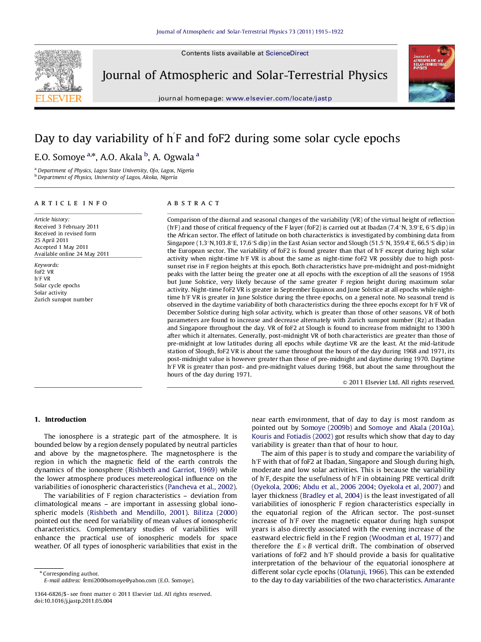 Day to day variability of h′F and foF2 during some solar cycle epochs