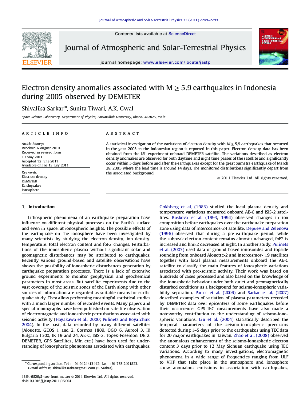 Electron density anomalies associated with Mâ¥5.9 earthquakes in Indonesia during 2005 observed by DEMETER