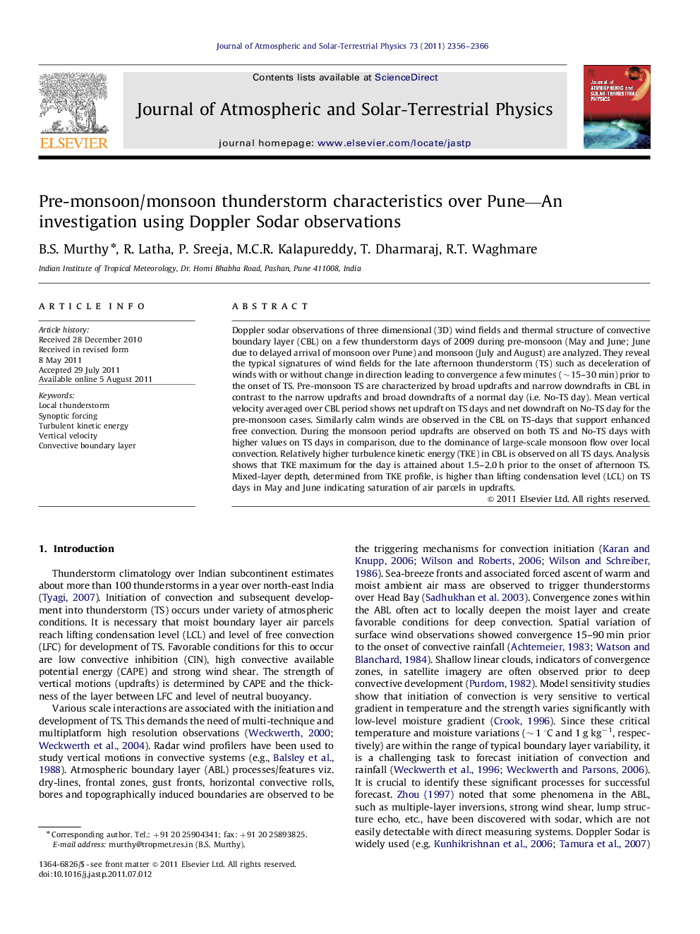 Pre-monsoon/monsoon thunderstorm characteristics over Pune—An investigation using Doppler Sodar observations