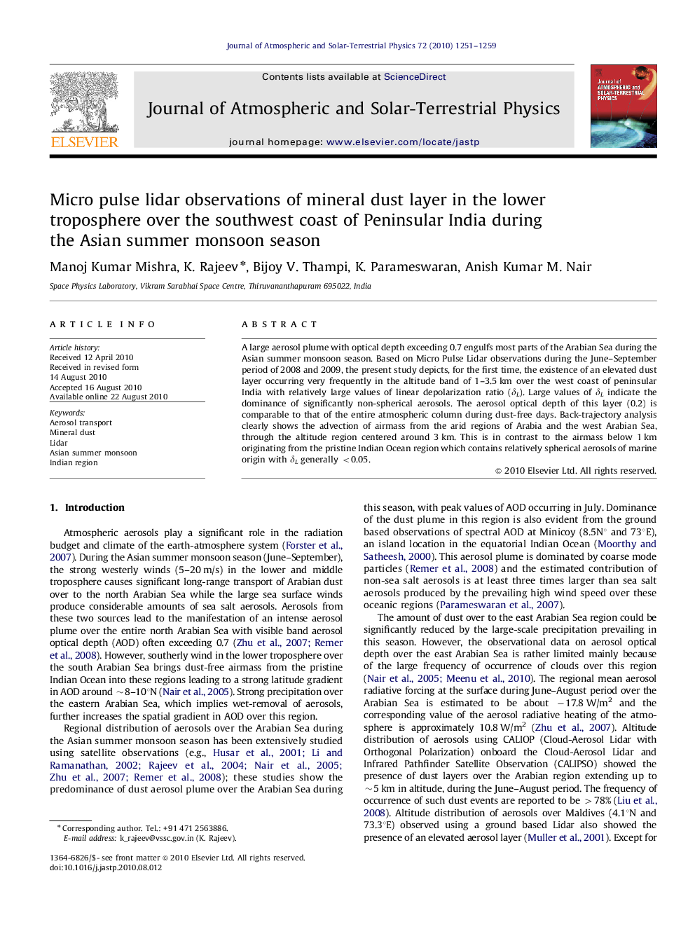 Micro pulse lidar observations of mineral dust layer in the lower troposphere over the southwest coast of Peninsular India during the Asian summer monsoon season