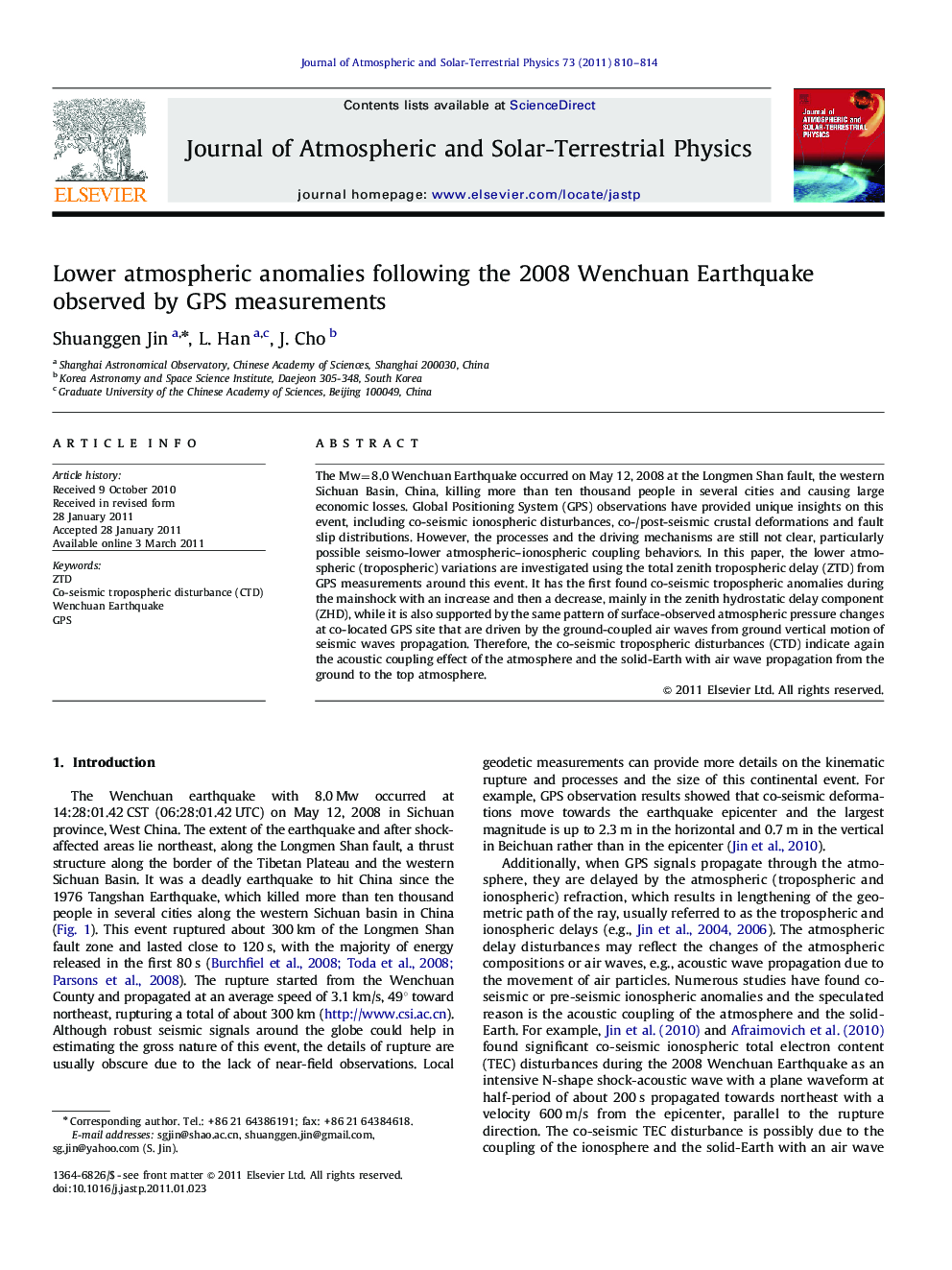 Lower atmospheric anomalies following the 2008 Wenchuan Earthquake observed by GPS measurements